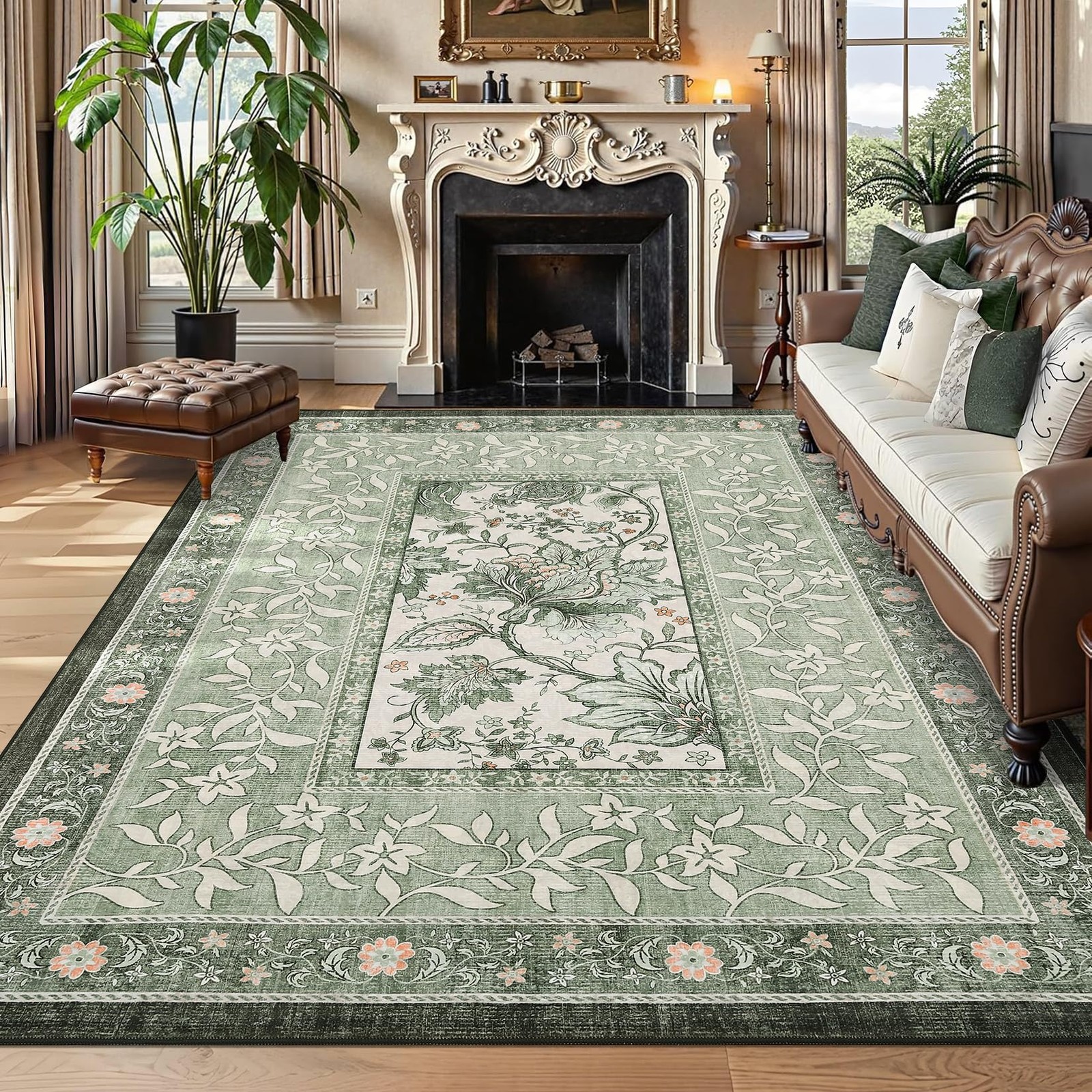 Provence Area Rugs 9×12 Living Room, Botanical Grove Sage Green Cottagecore W…