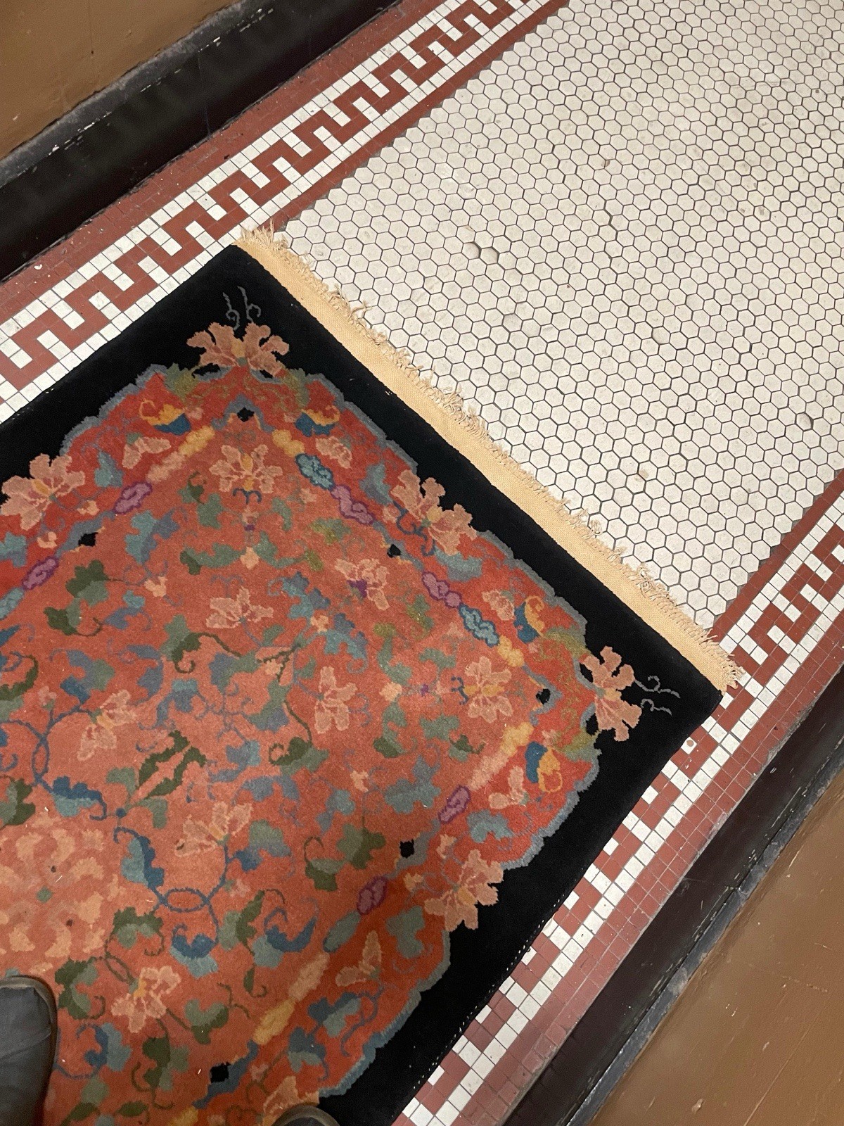 Antique 1920s Chinese Art Deco Rug 3×5 | Black Ground Terracotta Allover Floral