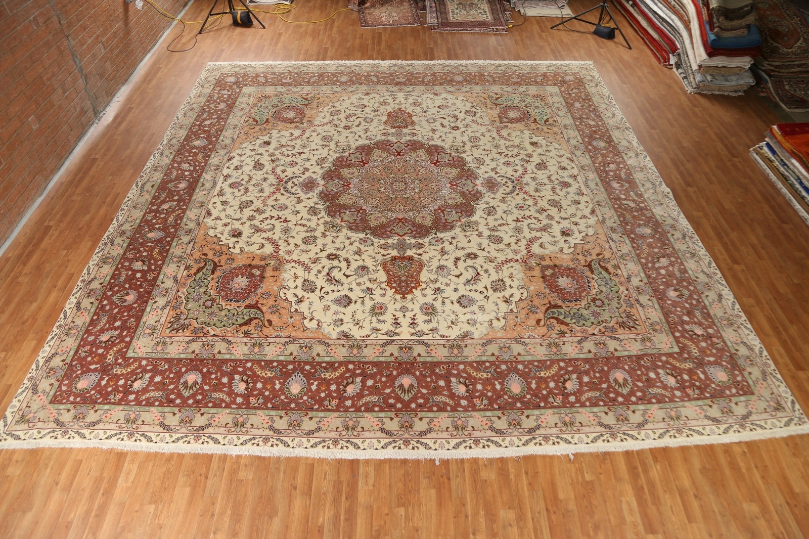 Masterpiece Wool/ Silk Tebriz 16×16 ft. Large Square Rug 400 Knots Vegetable Dye