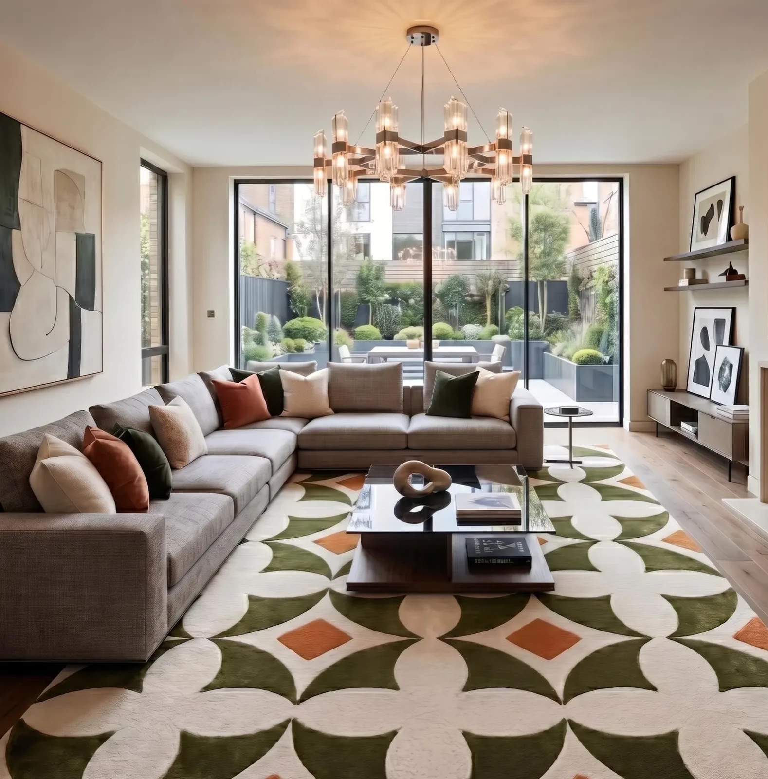 Hand Tufted Geometric Wool Rug – Green & Ivory Modern Area Carpet for living