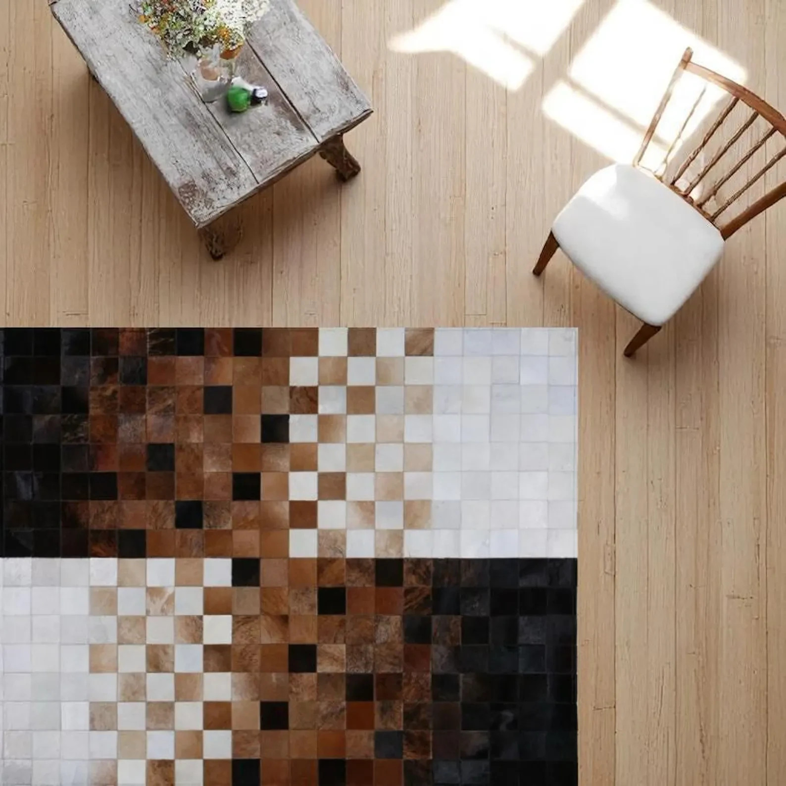Luxury Cowhide Leather Patchwork Rug Handmade Modern Black Brown Cream Area Rug