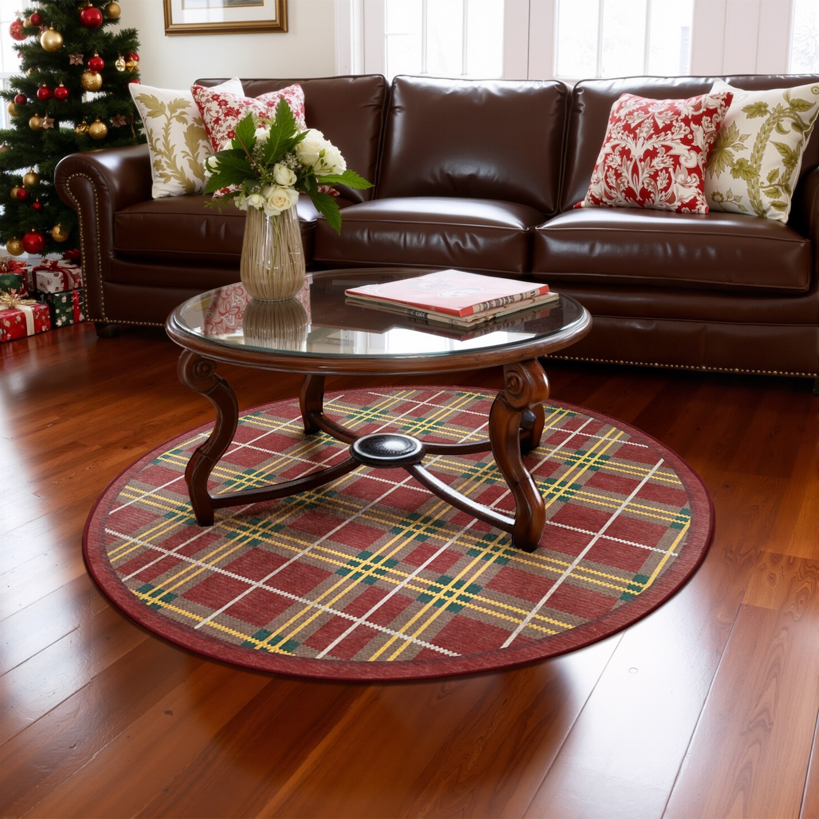 6ft Round Plaid Area Rug Washable Non-Slip Indoor Living Room Red Green