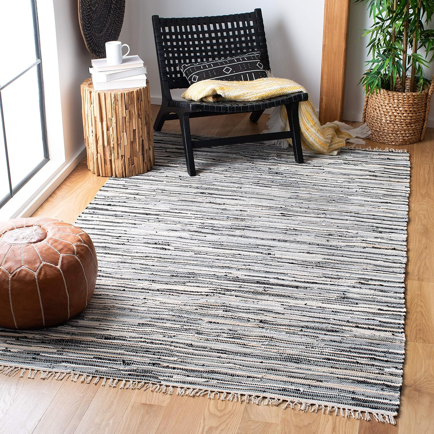 Rag Rug Collection Accent Rug – 3′ X 5′, Black & Multi, Handmade Boho Stripe Cot