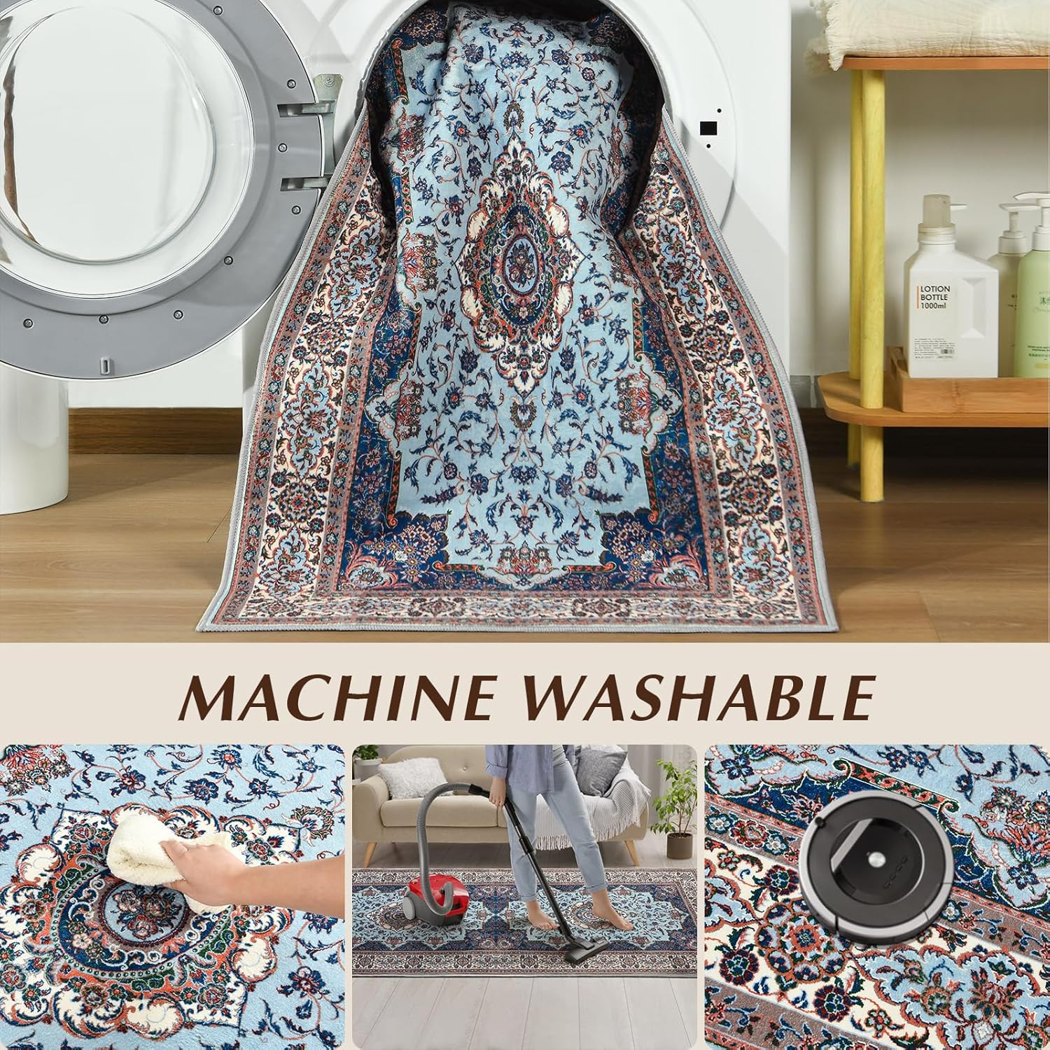 Runner Rug for Bedroom, 2x6Ft Machine Washable Area Rugs, Vintage Non-Slip Low P