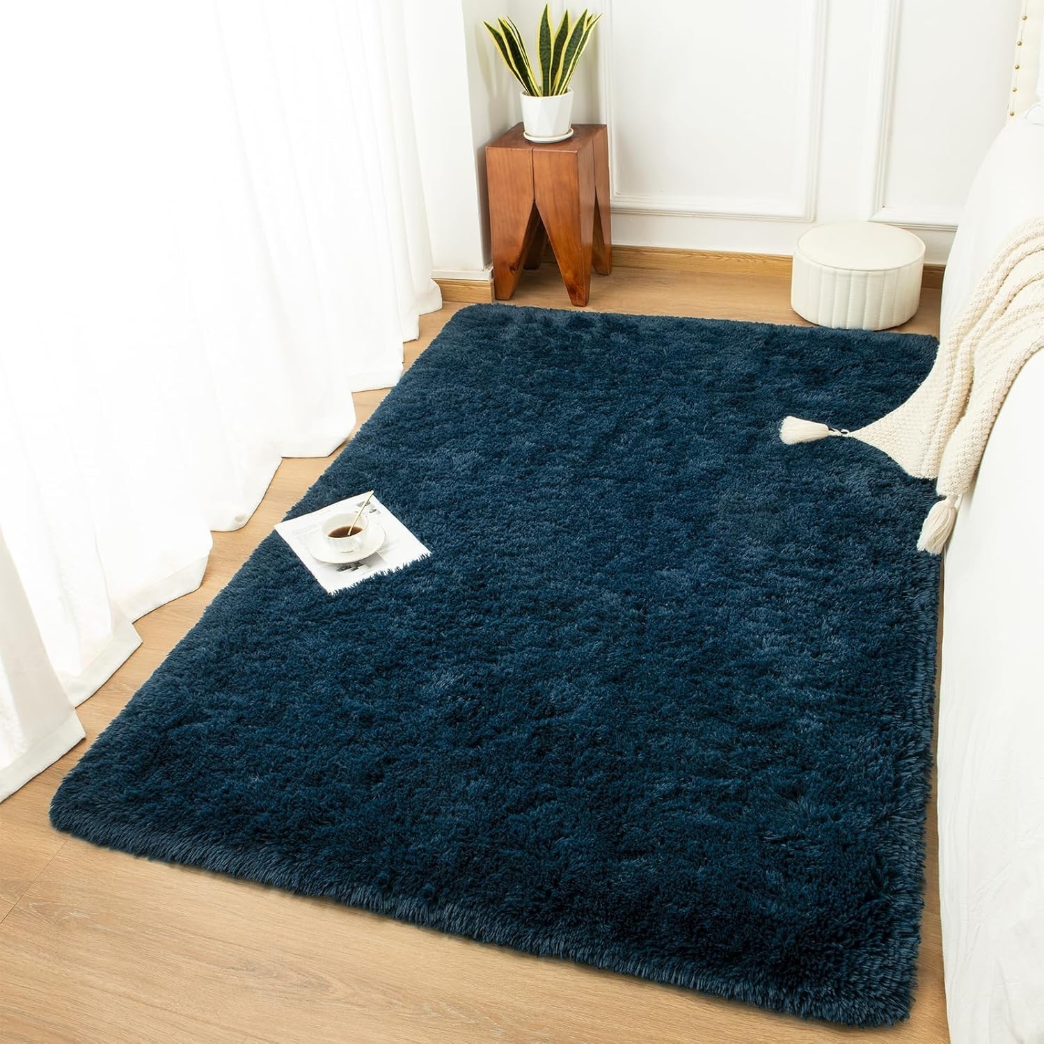 Navy Blue Shag Area Rug 4×6 Feet – Soft Plush Indoor Carpet for Stylish Rooms