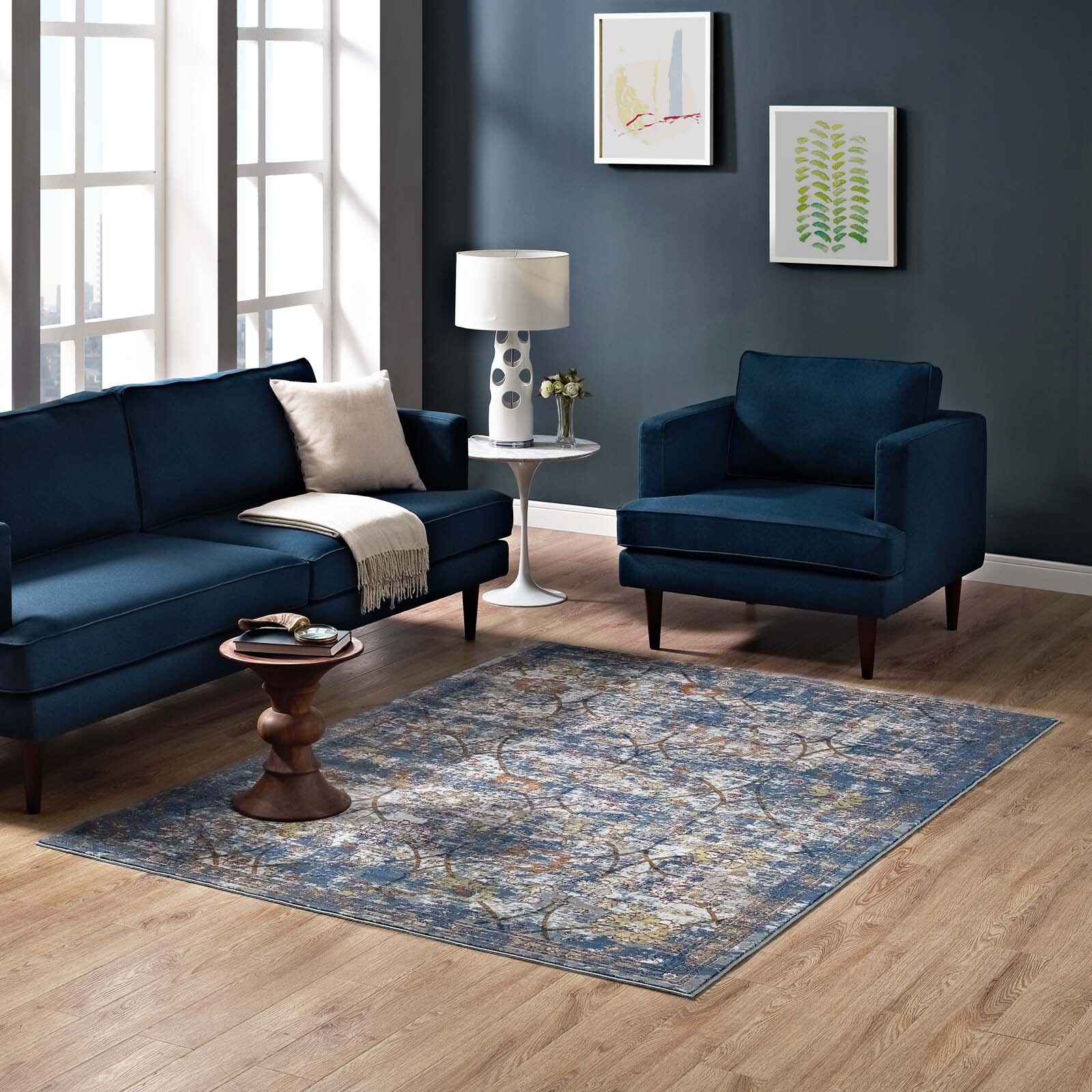 Modway Distressed Floral Lattice 4×6 Area Rug in Blue Gray, Yellow and Orange
