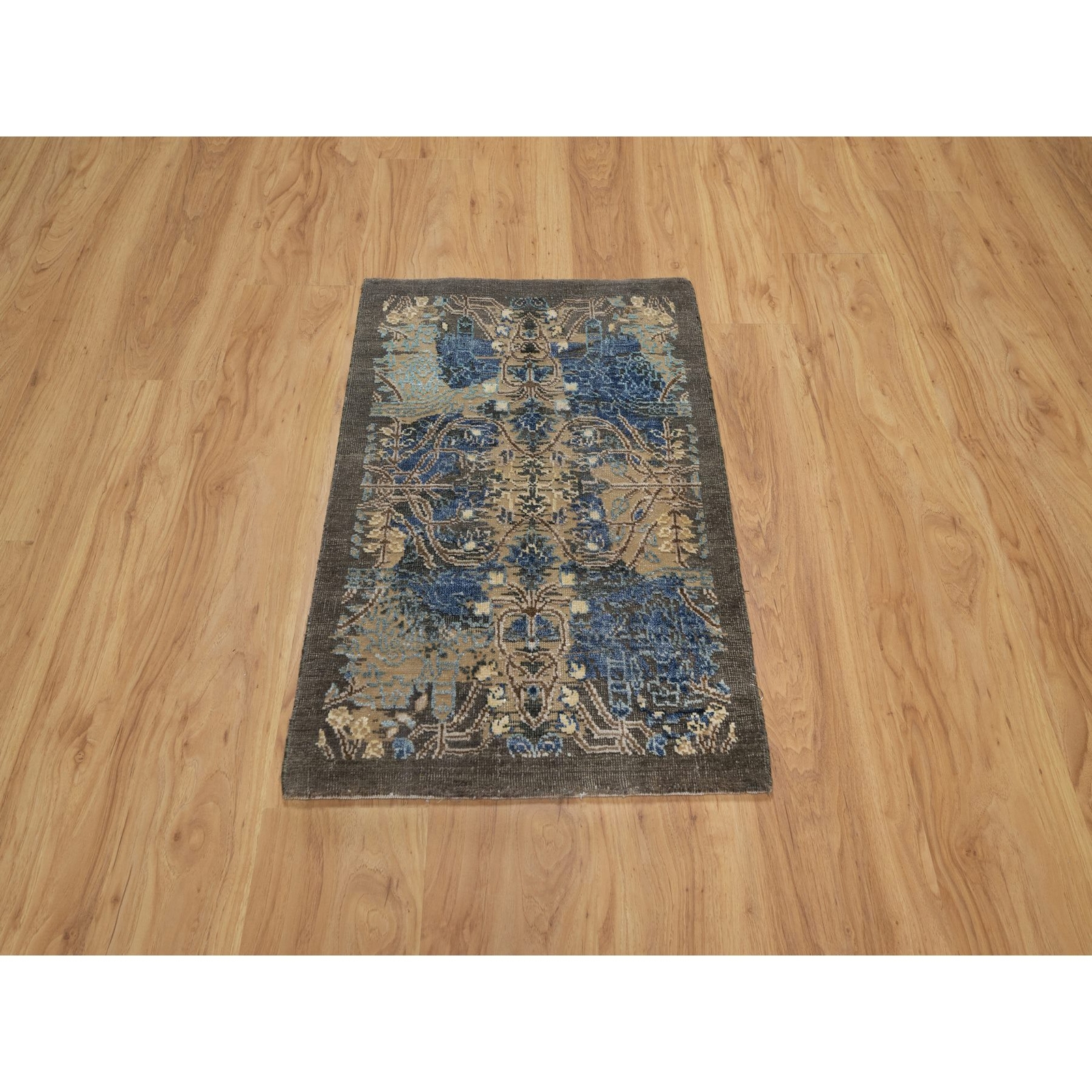 2’x3′ Brown Broken Zoroastrian Design Wool and Silk Hand Knotted Mat Rug R91139