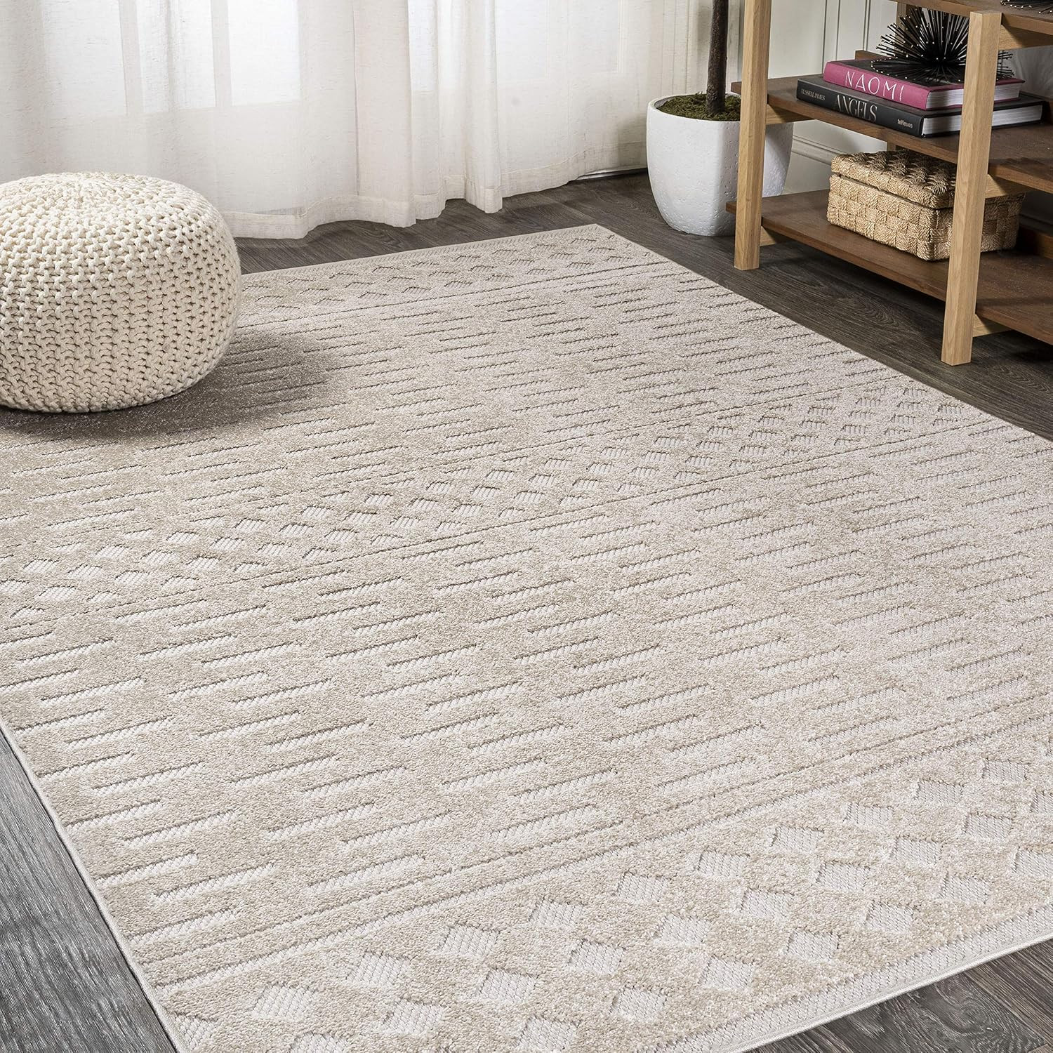 Moroccan Geometric Indoor Outdoor Area Rug 4X6 Beige, Xlendi High-Low Pile for B