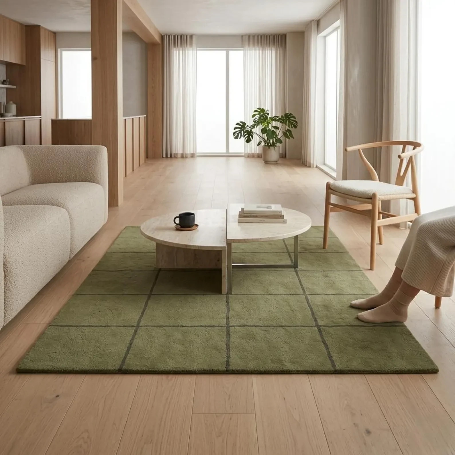Hand Tufted Wool Rug Olive Green Modern Grid Area Rug for Living Room carpet