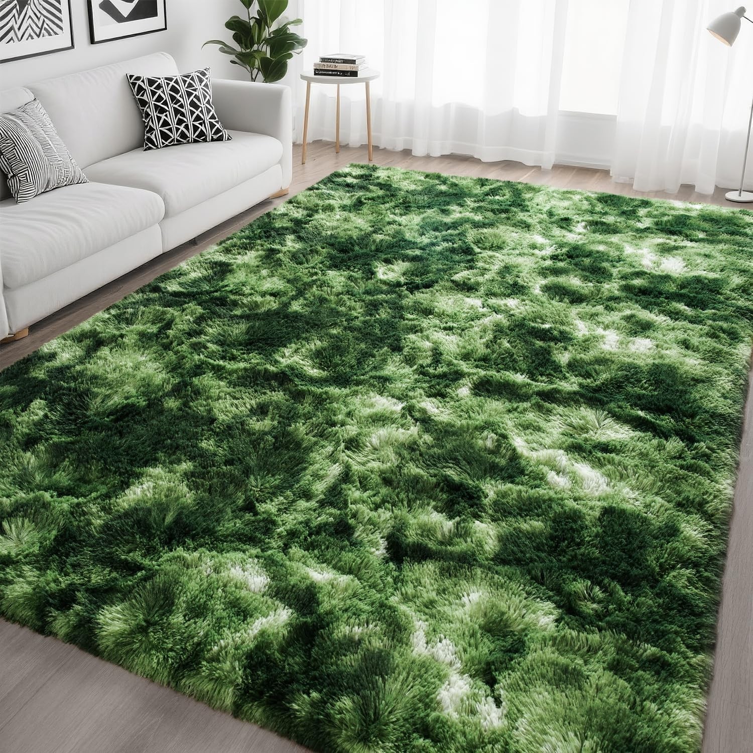 Fluffy Area Rug 8×10 Large Soft Shaggy Dark Green Mat for Living & Bedroom Floor