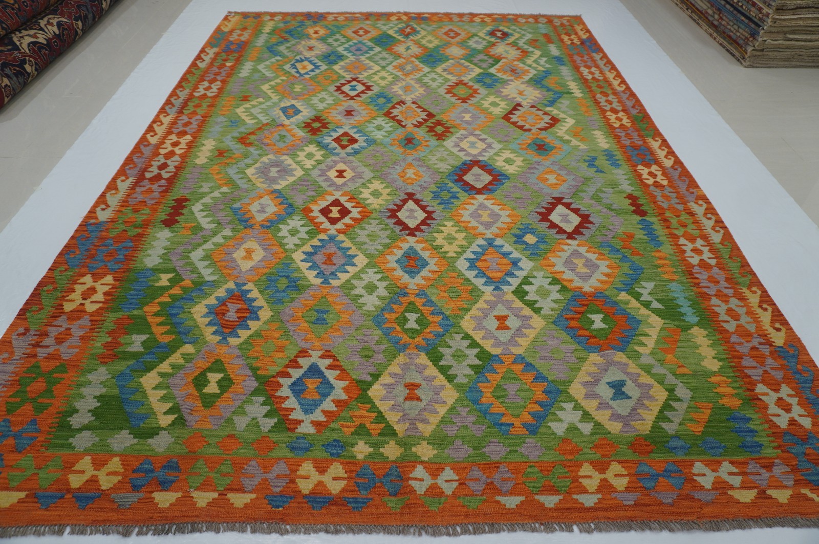 8×11 ft Green Afghan Handmade Geometric Wool Kilim Area Rug (8’4″x11’6″)