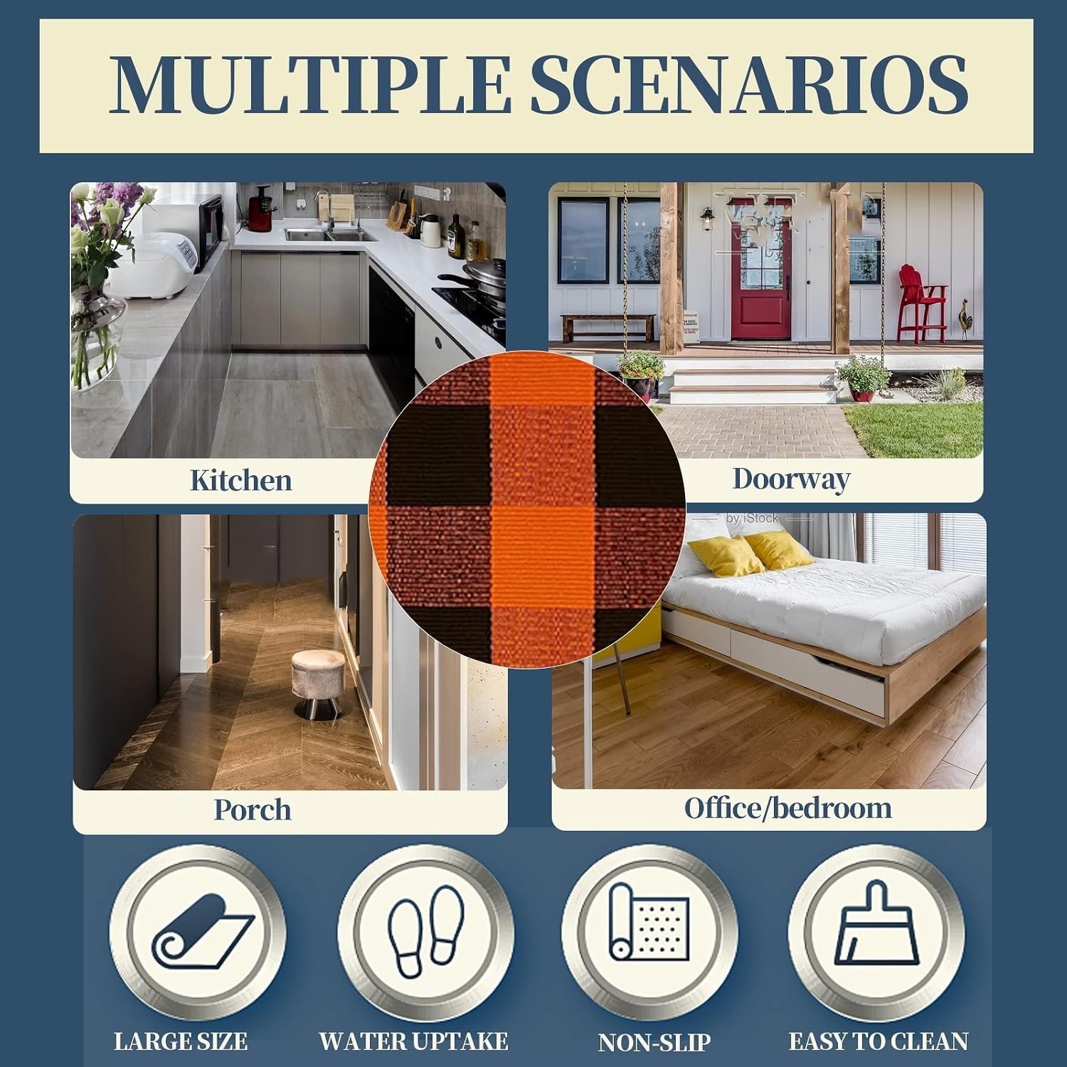 Buffalo Plaid Outdoor Rug 27.5×43 Orange and Black Front Door Mat, Layering R…
