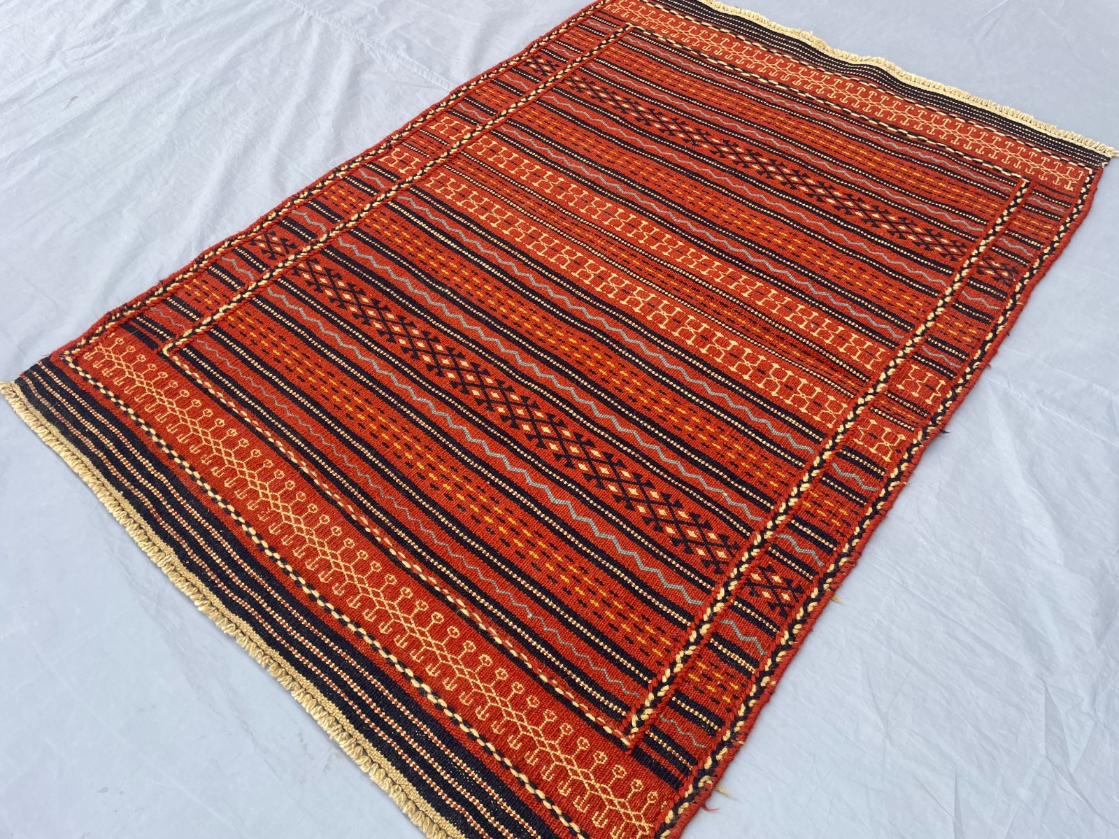 3’4 x 4’1 Ft Handmade Afghan Kilim – Bold Tribal Stripes in Warm Red and Blue