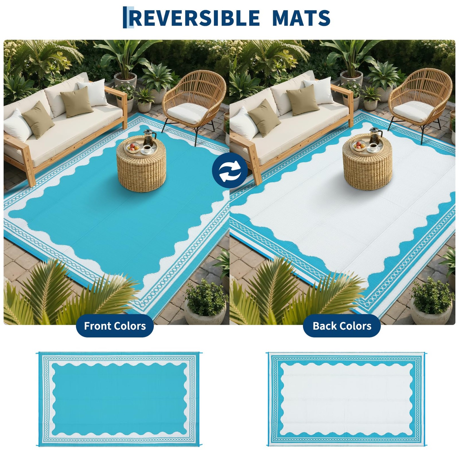 Outdoor Rug 9×12 Scalloped Waterproof Patio RV Outdoor Rugs Reversible Foldab…