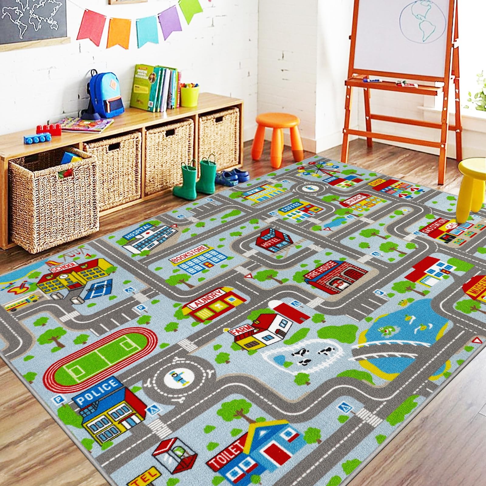 Sky Blue Car Road Kid Rug Carpet Playmat for Playoom Traffic Road Kids Play M…