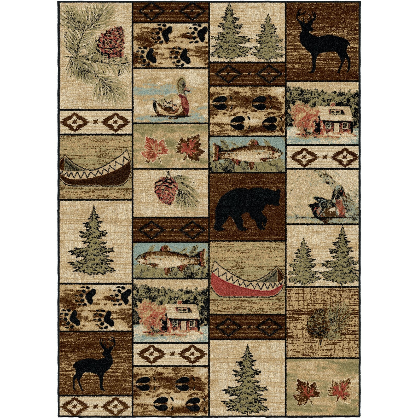 Mountain Solitude Area Rug Lodge Cabin Bear Deer Buck Canoe Duck Trout Pine Cone
