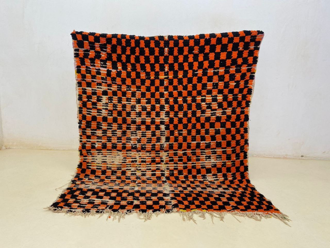 Checkered Moroccan Handmade Rug 4’3×5’3 Vintage Orange Black Berber Wool Carpet