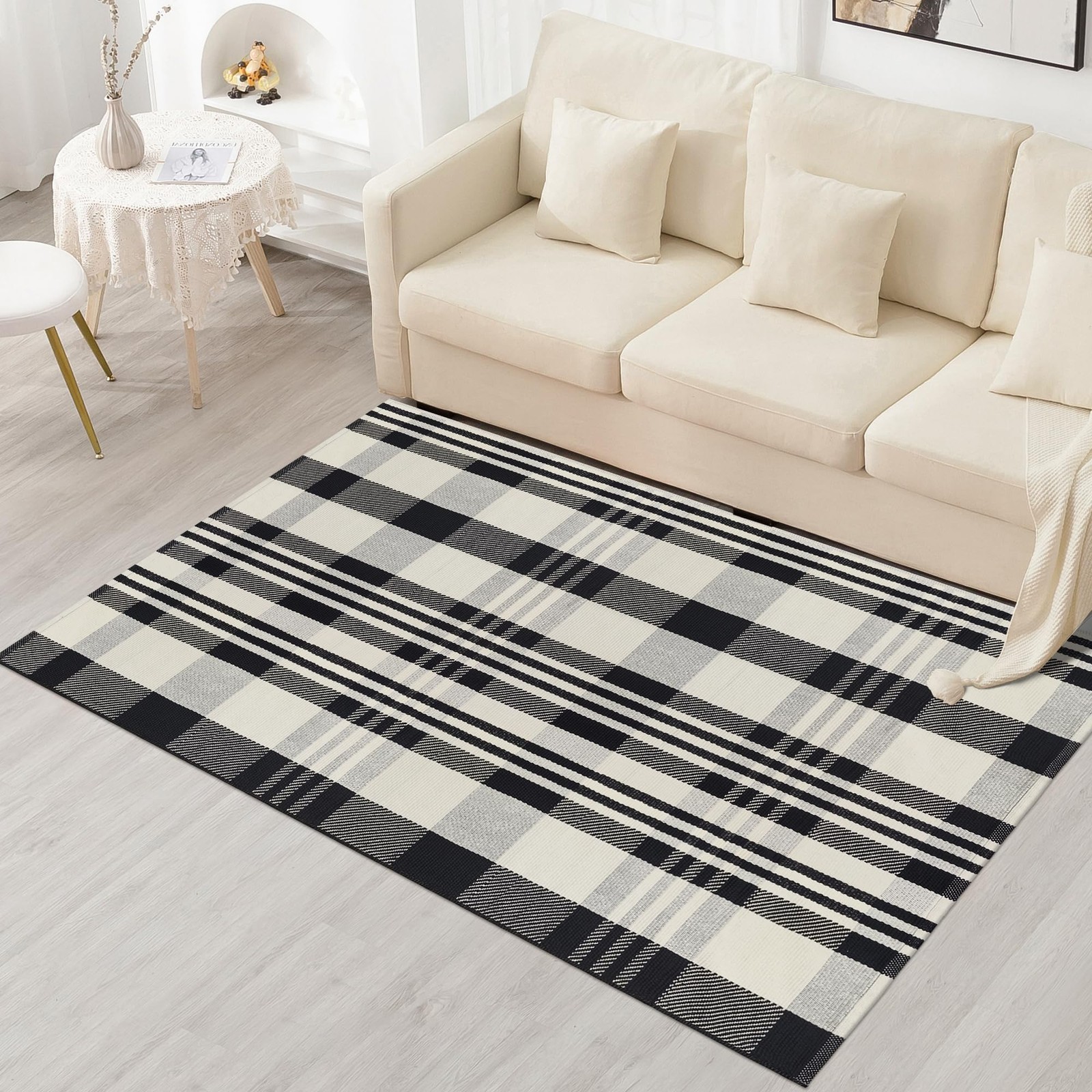 Buffalo Plaid Rug 3×5 Cotton Woven Buffalo Check Rug Black And Off White Front P