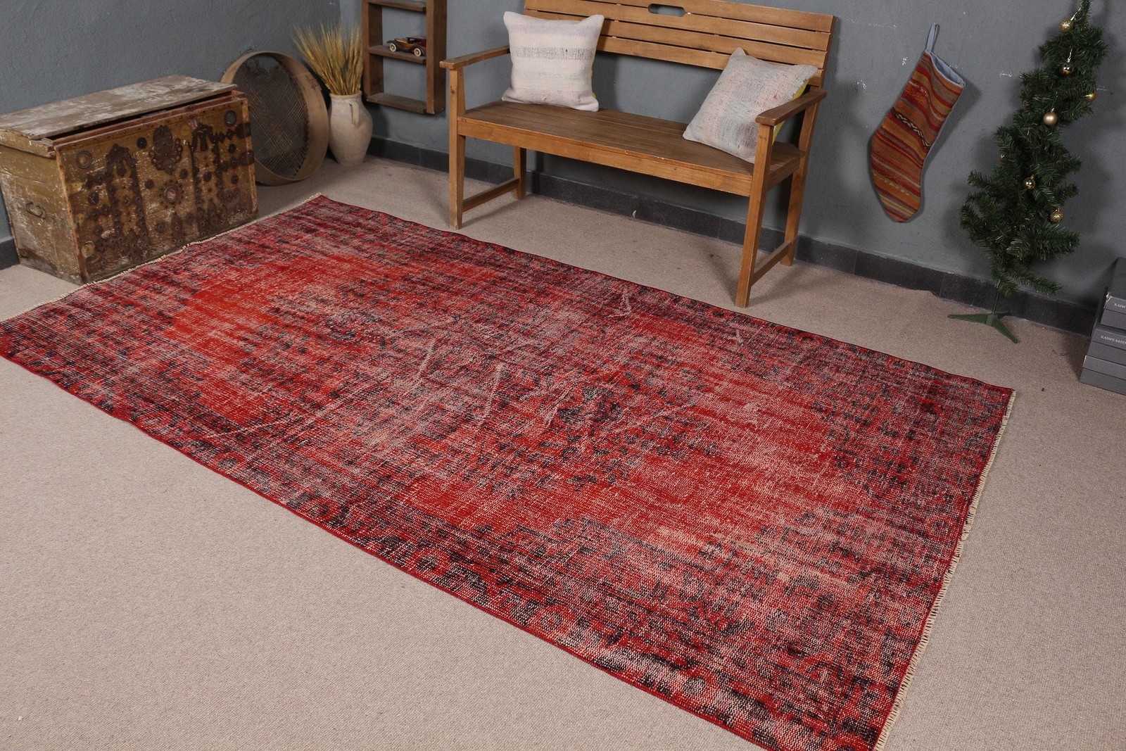 Turkish Vintage Rug 5,2×9,1 ft (158×276 cm), Red Black Ikat Rug