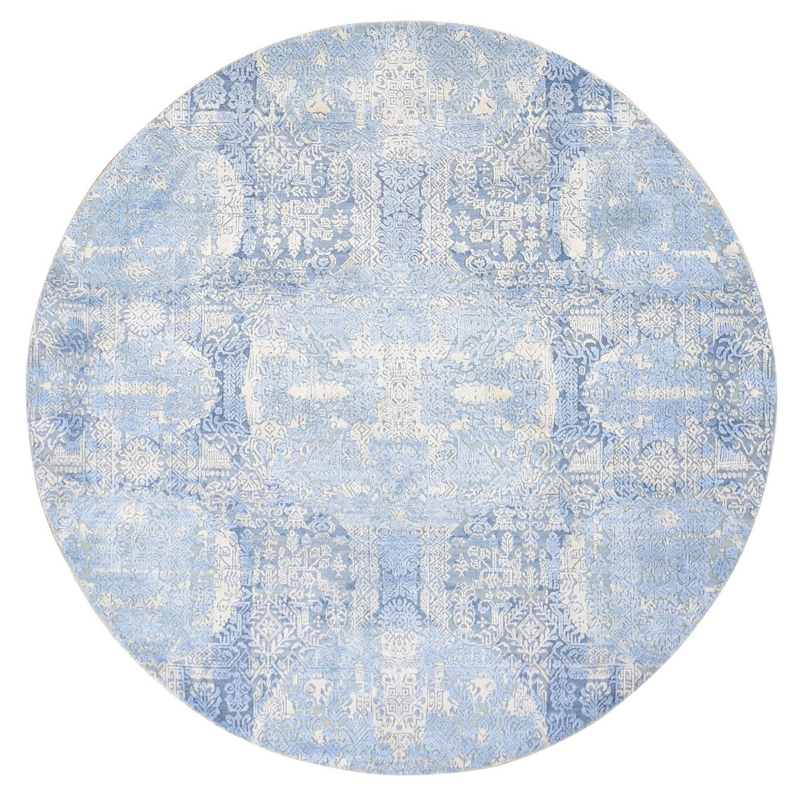6′ x 6′ Blue Hand Knotted Wool and Pure Silk Jewellery Design Round Rug R80143