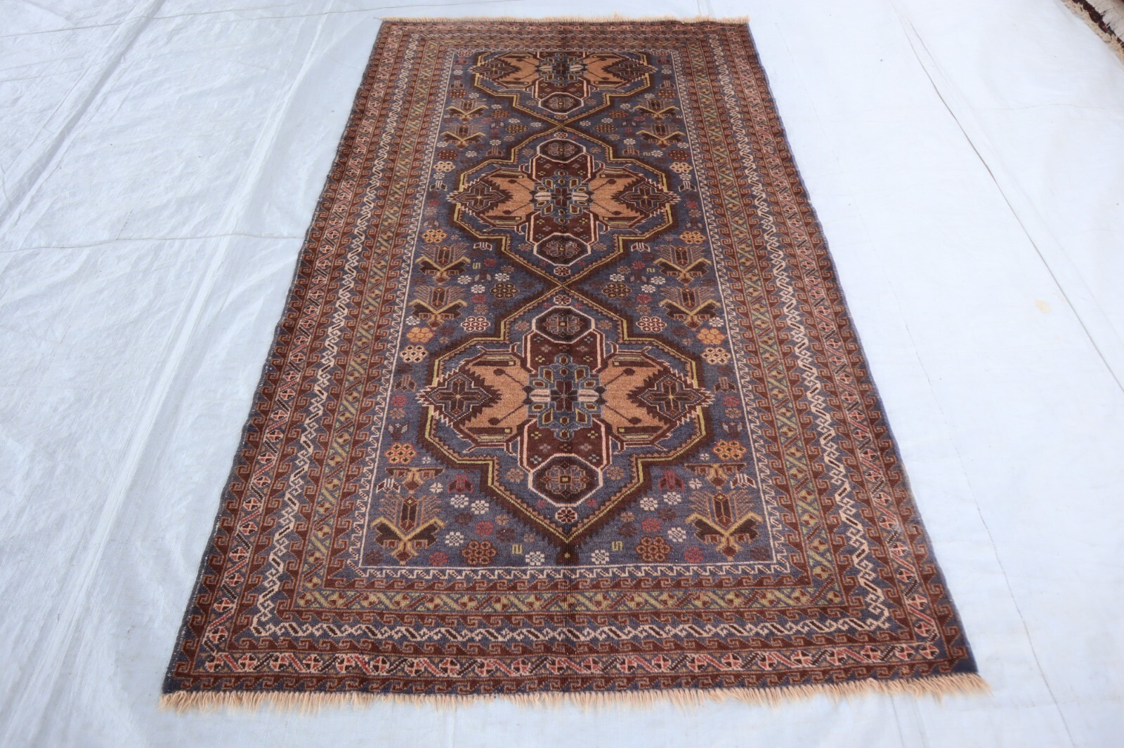 One of a Kind Rug 4×7 Afghan Handmade Faded Gray Rug- Turkmen Nomadic Art Rugs