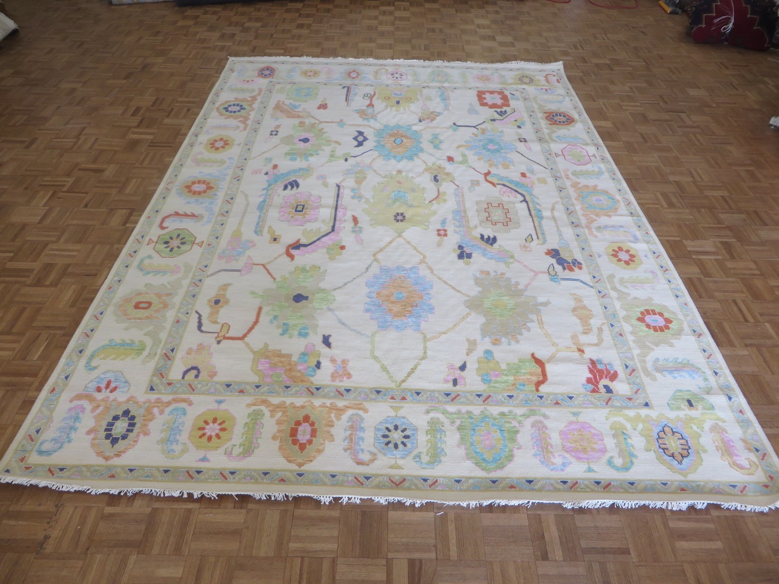 8’11 x 12’5 Hand Knotted Ivory Colorful Modern Oushak Oriental Rug G15991