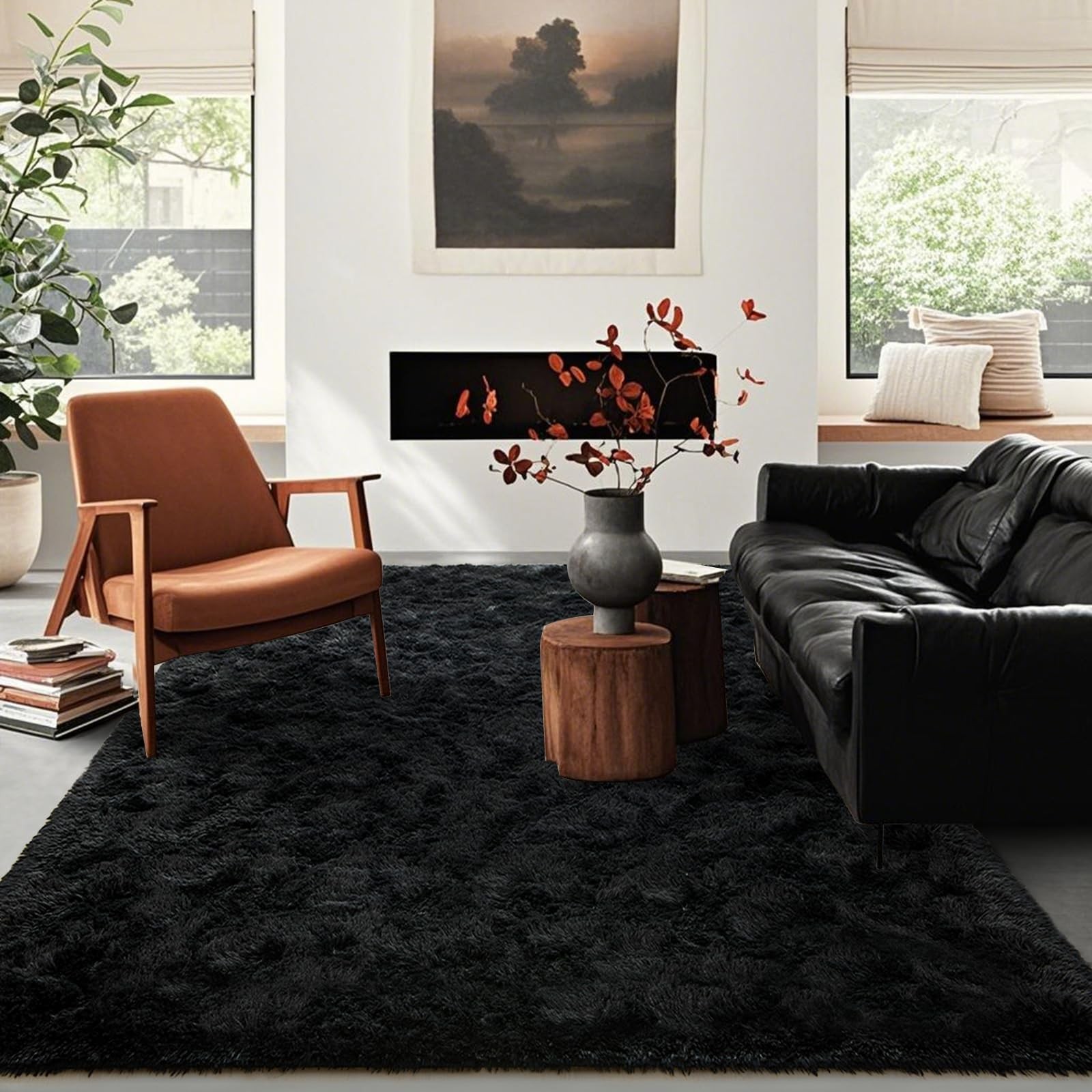 Black Rugs for Living Room Fluffy 5×8 ft Bedroom Rug Non-Slip Area Rugs Shag …