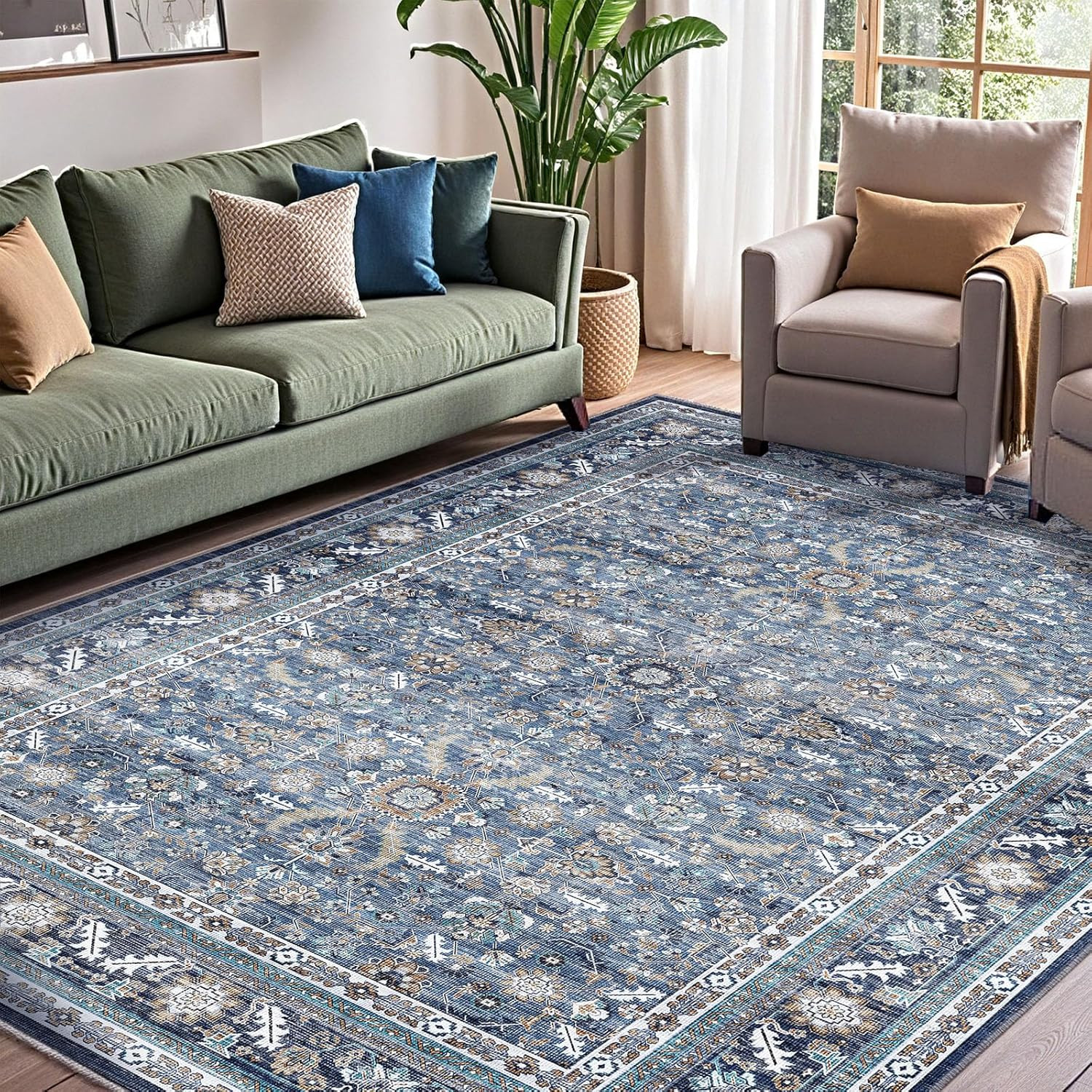 OPPODREAM Vintage Blue Area Rugs 5X7, 5 X 7 Retro Washable Rug Non Slip, Low-Pil