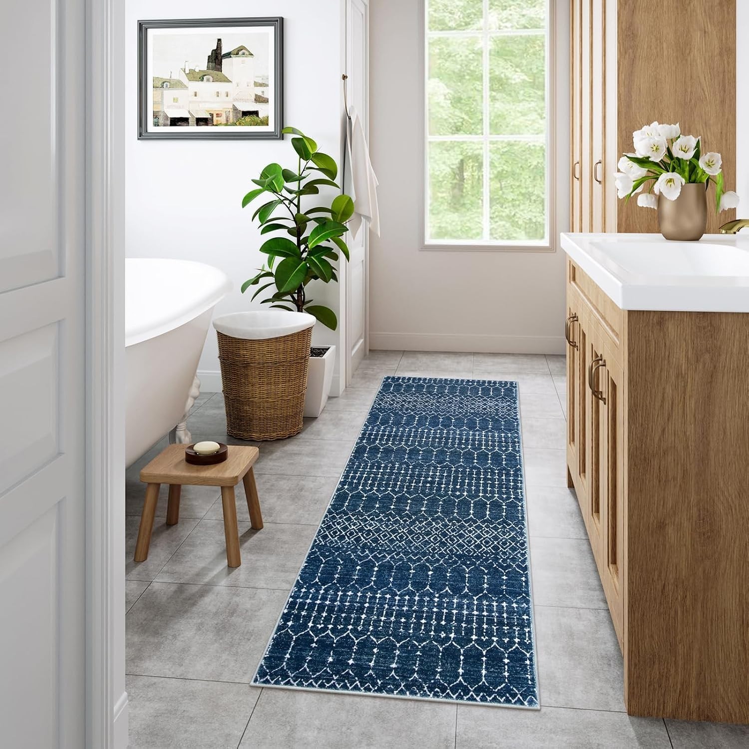 Geometric Moroccan Runner Rug – 2′ x 4′ Non-Slip Soft Faux Wool Mat for Hallway