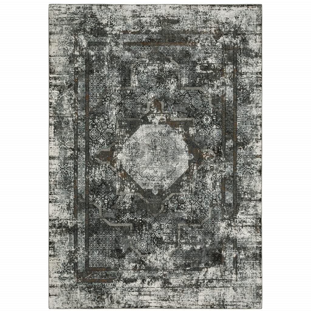 10′ X 13′ Charcoal Rust Grey Blue Ivory And Brown Oriental Power Loom Stain