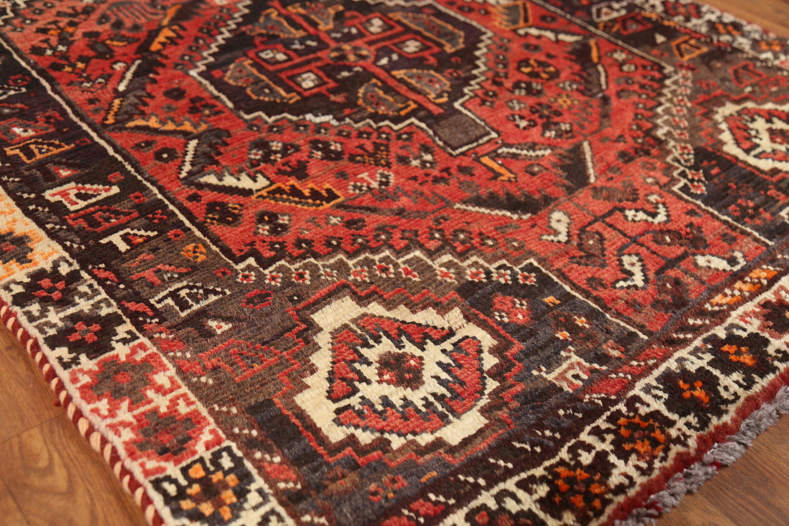 Vintage Geometric Hand-knotted Nomad Rug 4×5 Rust Wool Tribal Traditional Carpet