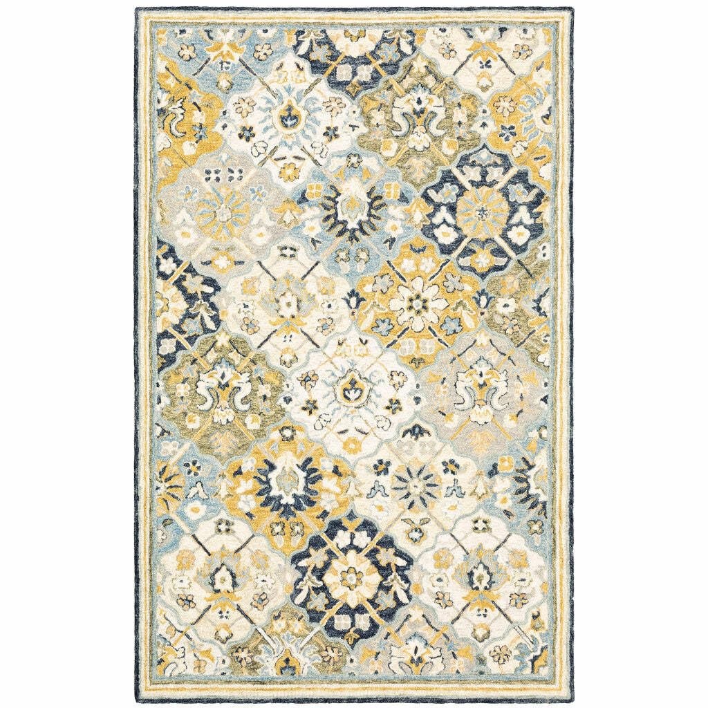 5′ X 8′ Blue Green Gold Navy And Ivory Geometric Tufted Handmade Stain Resistant