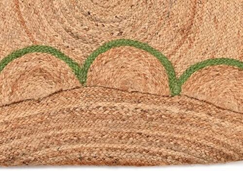 Rug Round Jute Scallop Design Natural Floors Rug Beige With Green Handmade