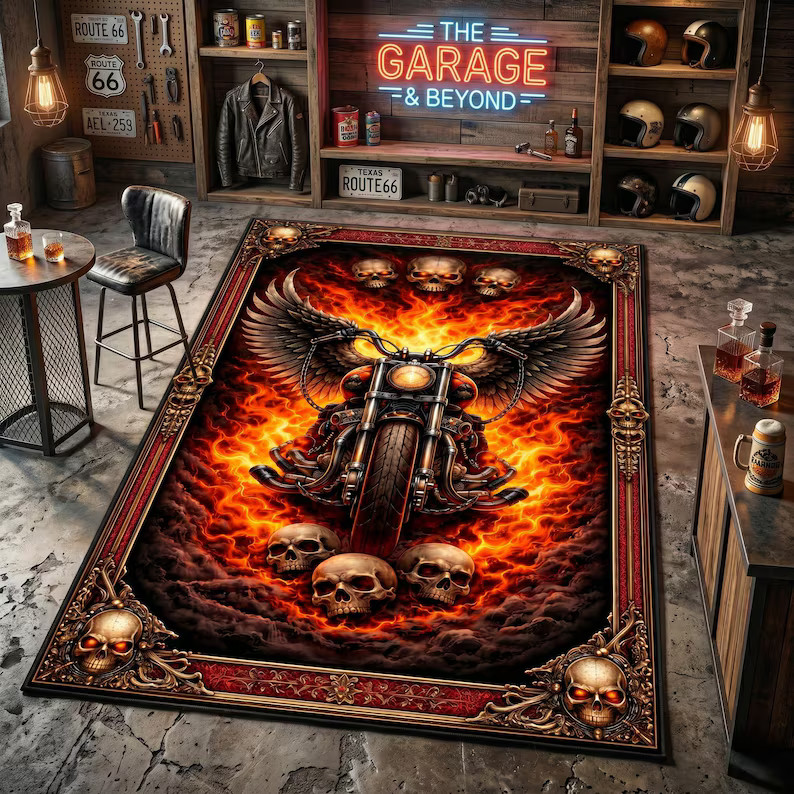 Flaming Skull Motorcycle Area Rug, Gothic Biker Garage Decor Floor Mat
