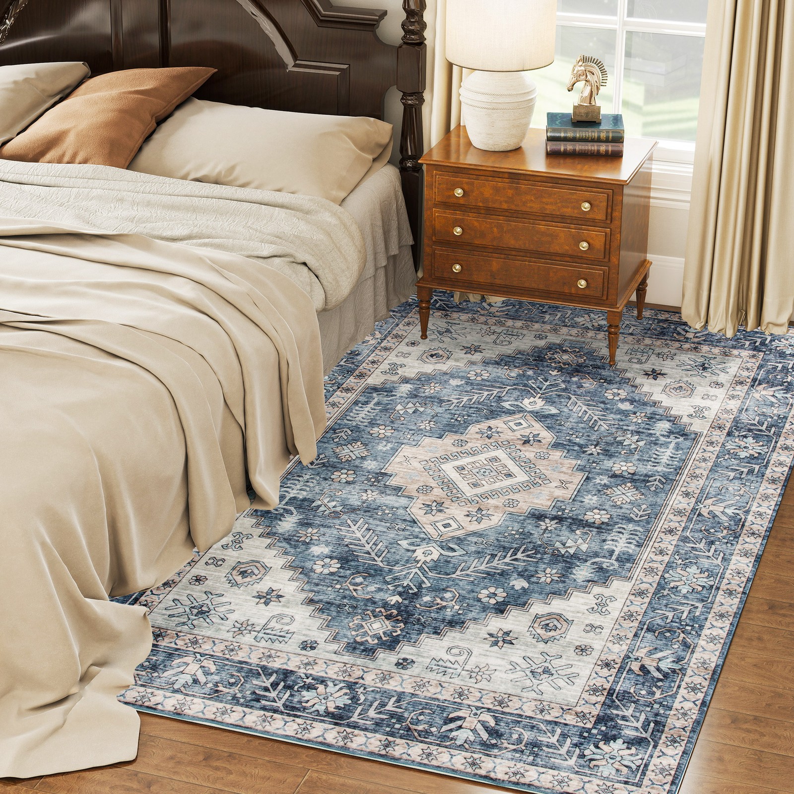 5×7 Area Rug, Vintage Machine Washable Rug for Living Room, Blue