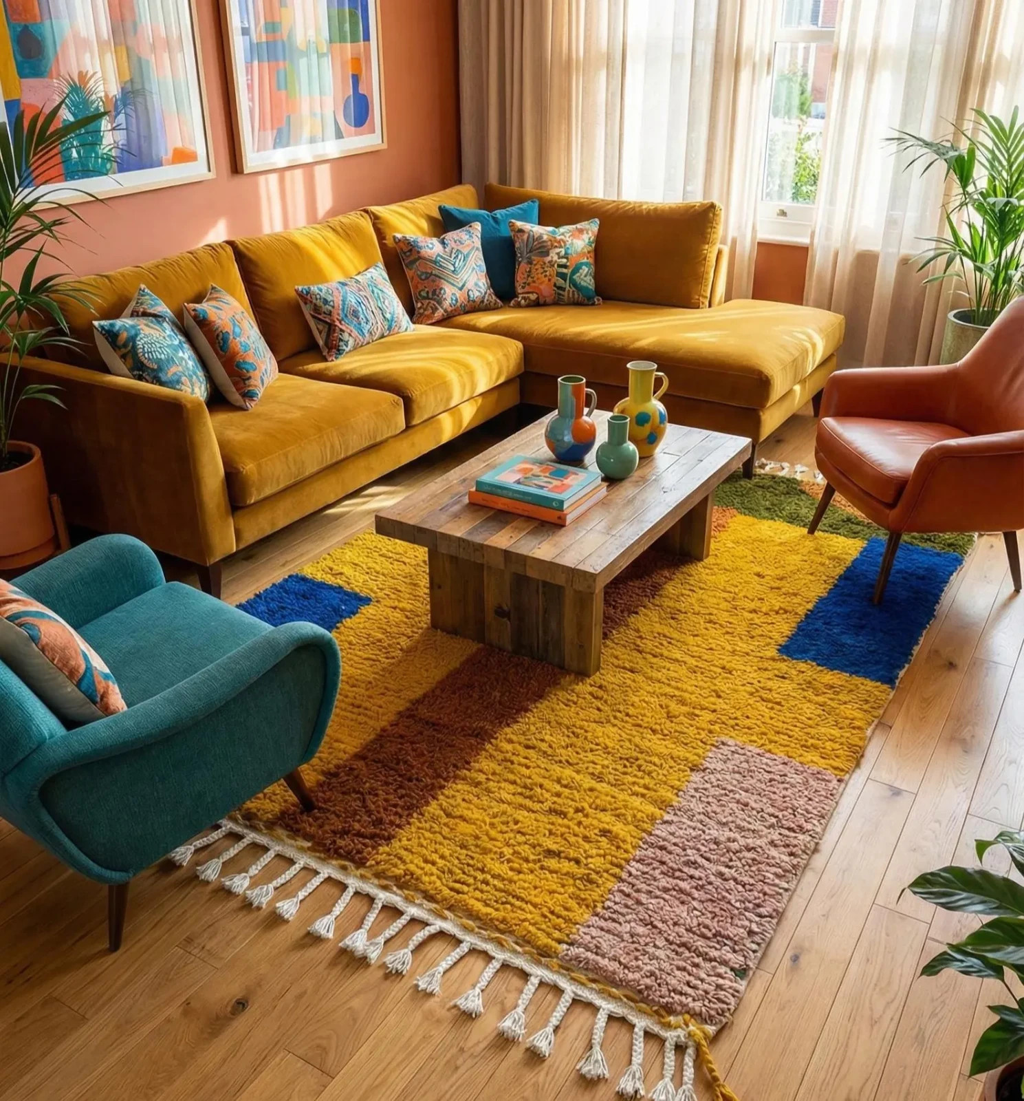 Modern Moroccan Rug 4×6, 5×8, 6×9, Abstract Yellow Blue Green Boho Area Rug.