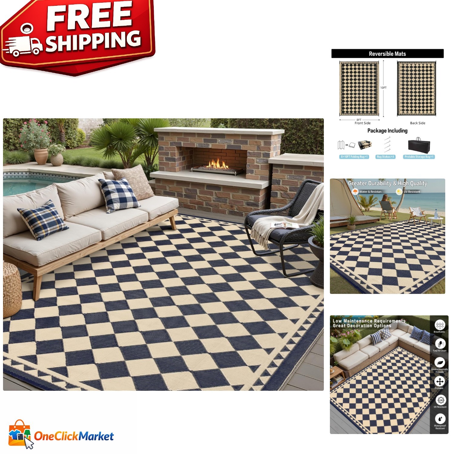 Durable 8′ x 10′ Checkered Outdoor Rug – Perfect for Camping & Patio Decor