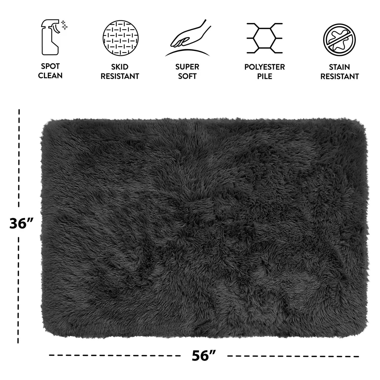 Mainstays Solid Black Fluffy Shag Faux Fur Area Rug, 36 in x 56 in