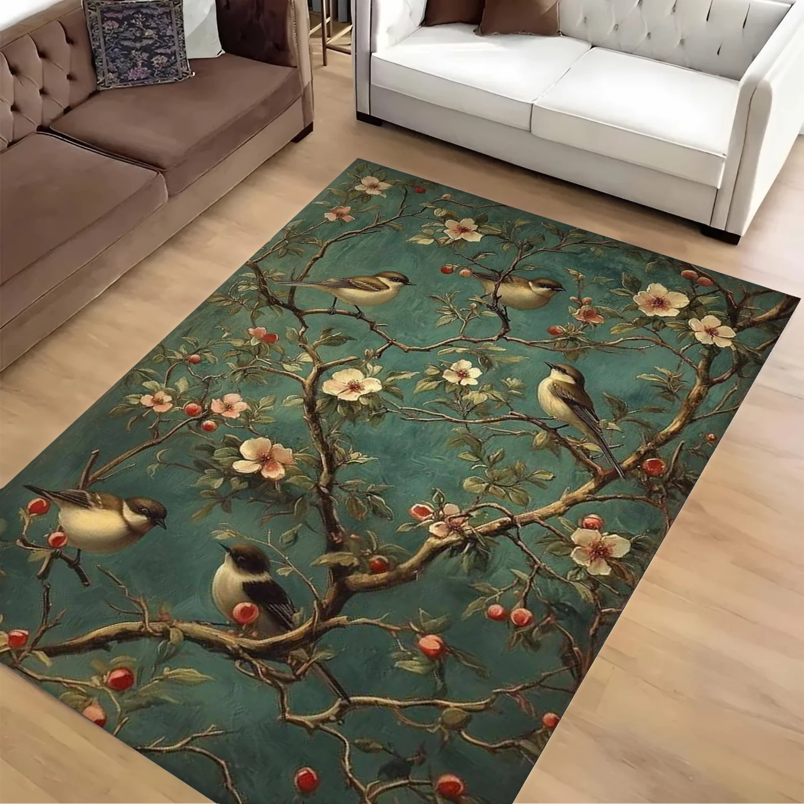 Vintage Birds Blossom Branch Area Rug Botanical Floral Living Room Carpet