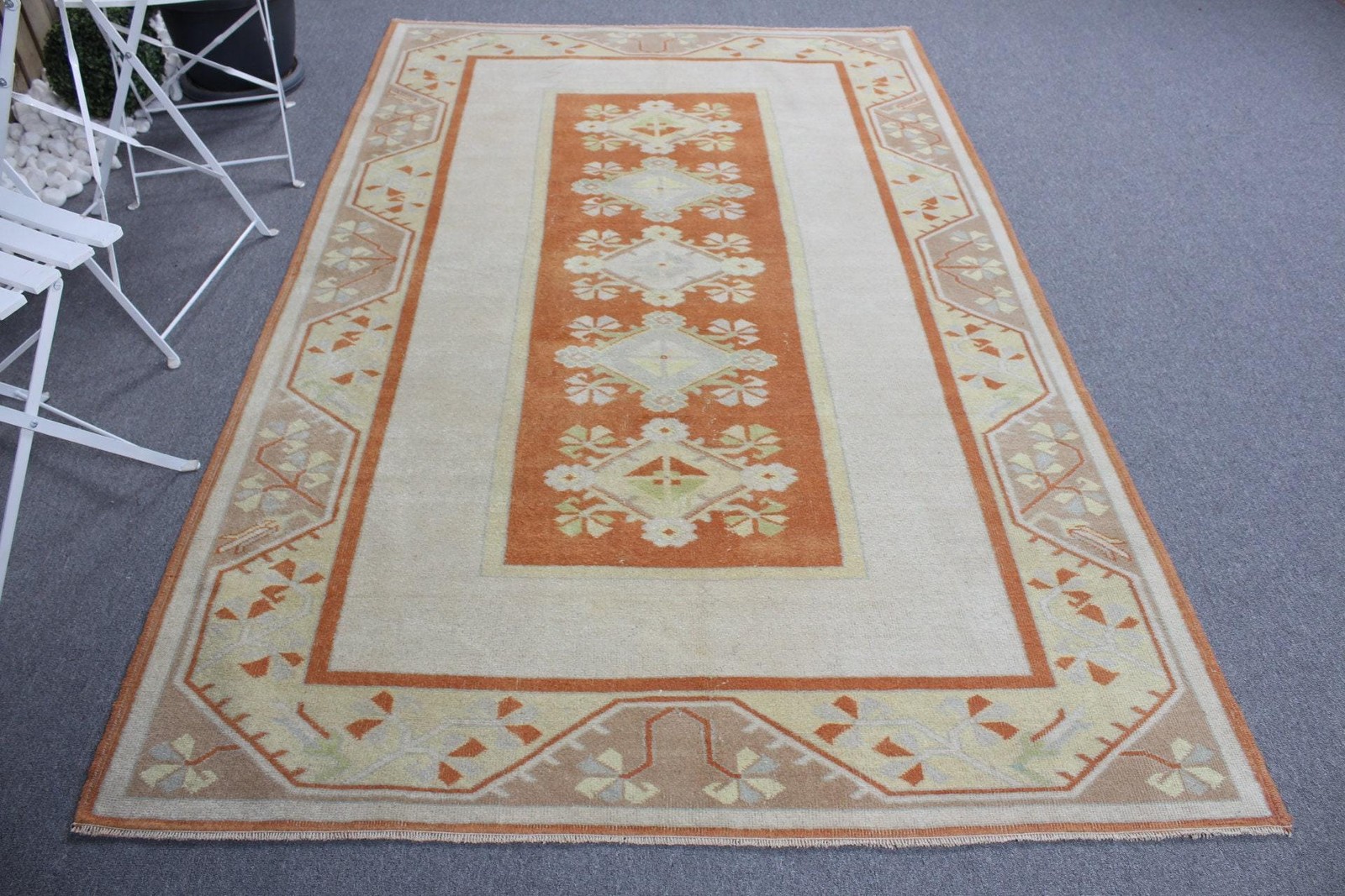Turkish Large Rug, 5,2×8,2 ft Vintage Rug, Beige Solid Wool Rug