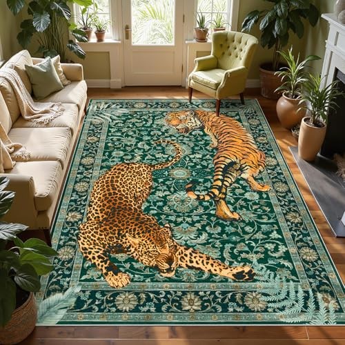 Tiger Print 5×7 Rug Green Cheetah Washable Carpet Mat