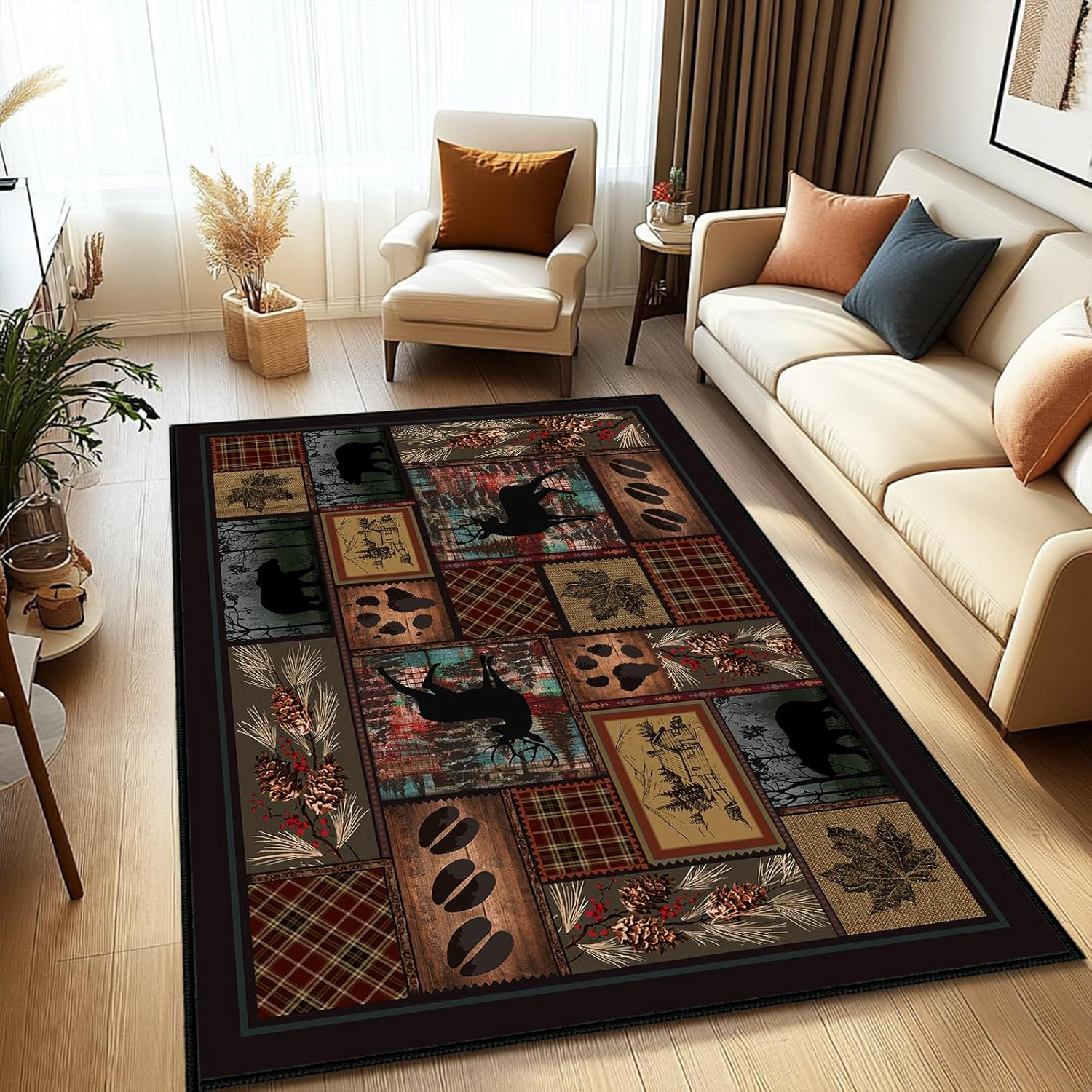 Vintage Cabin Area Rug 4×6 – Buffalo Plaid Bear Moose Deer Non-Slip Carpet
