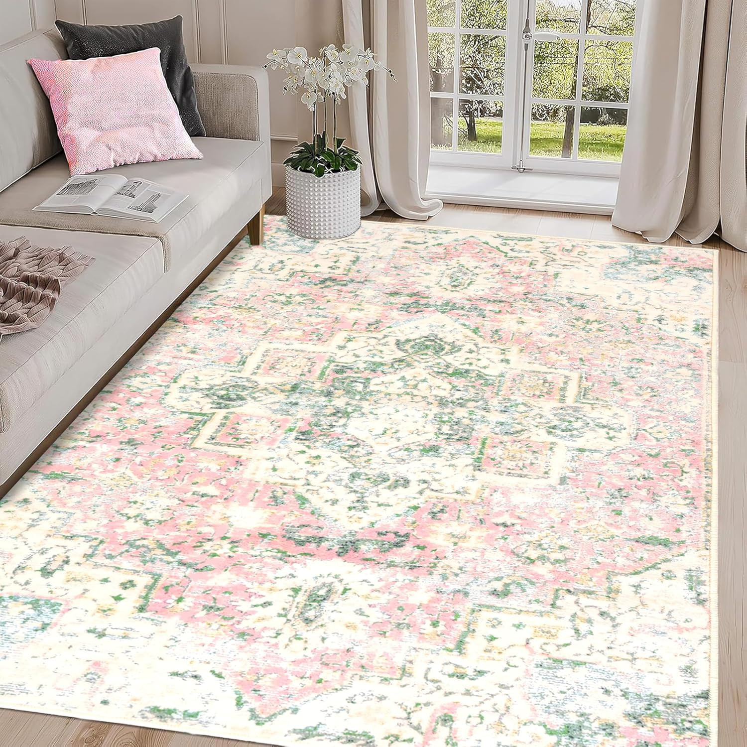 5X7 Washable Area Rugs Green and Pink Rug for Bedroom Girls Soft Boho Vintage Fl