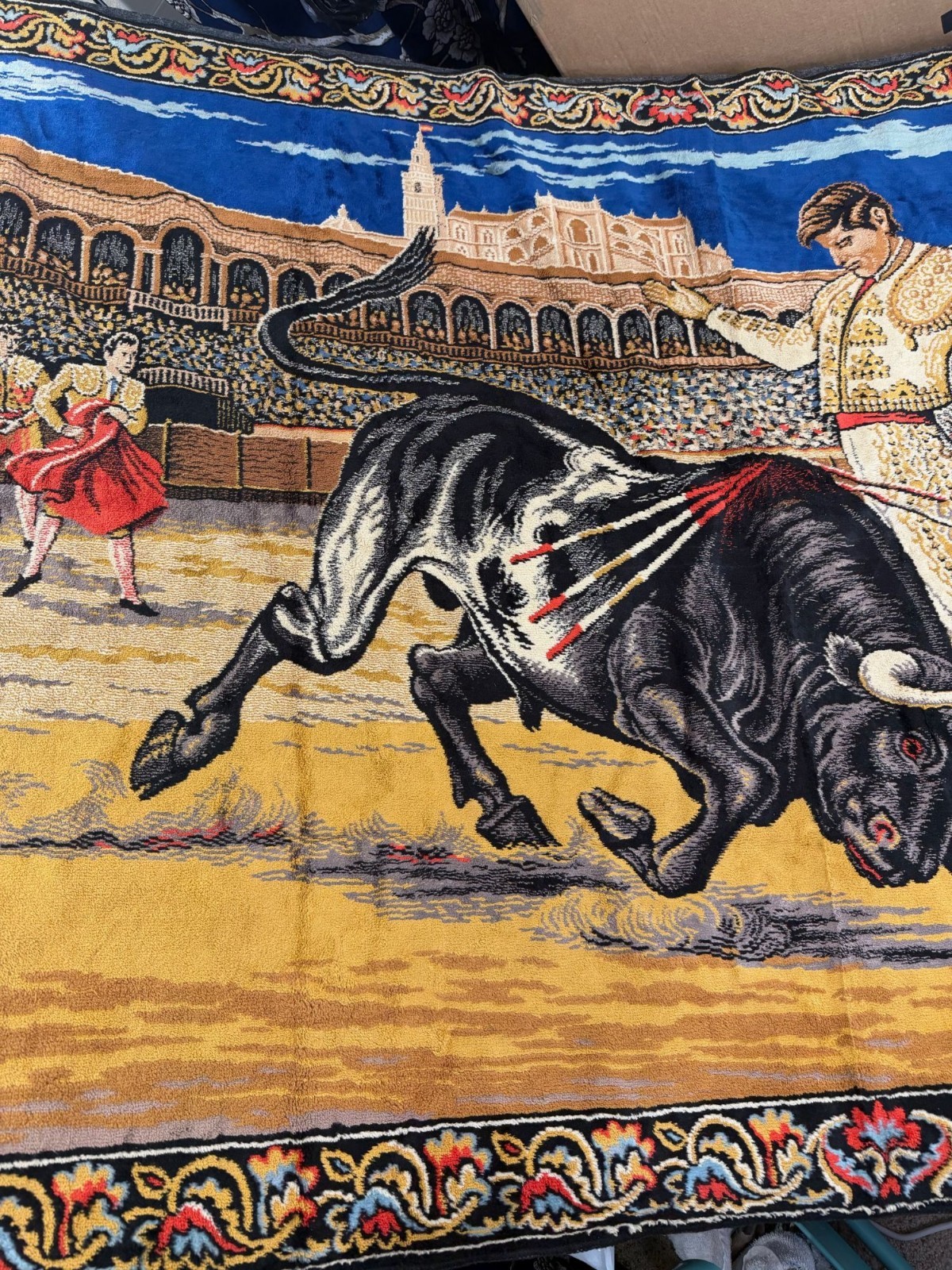 Vintage Bull Fighting Matador Scene Rug Carpet Wall Hanging Tapestry Retro Italy