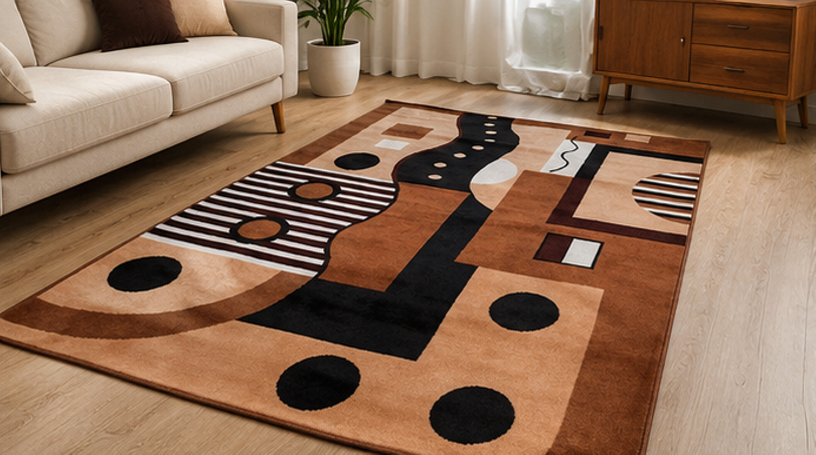 Handmade Area Rug, Brown Beige Black Living Room Carpet, Mid Century Floor