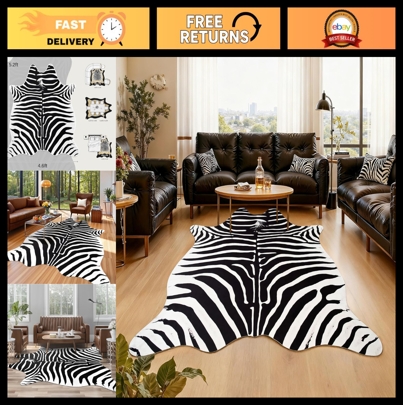 Faux Zebra Hide Rug 4.6×5.2ft – Large Bear Print Carpet for Bedroom & Living Roo