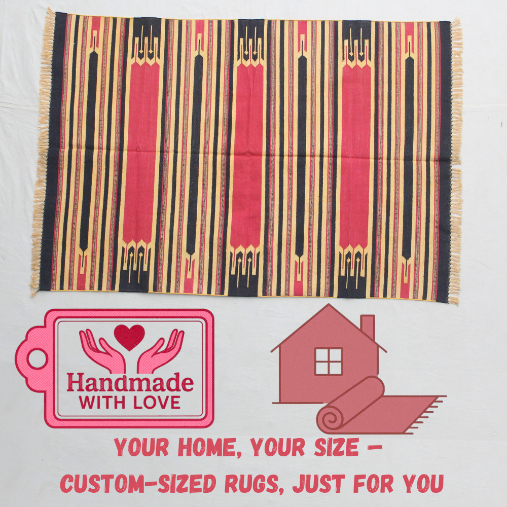 🧵Handwoven Cotton Rug – Multi-Size Golden Yellow, Red & Black Striped Flatweave