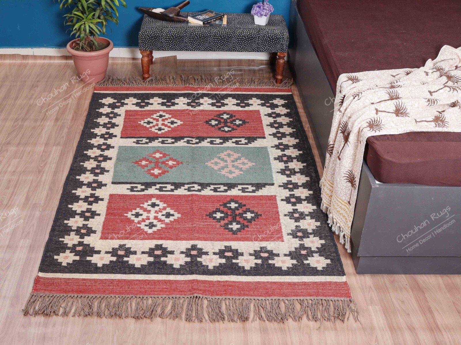Indian Hand Woven Natural Fiber Wool Jute Modern Flatweave Kilim Jute Area Rugs
