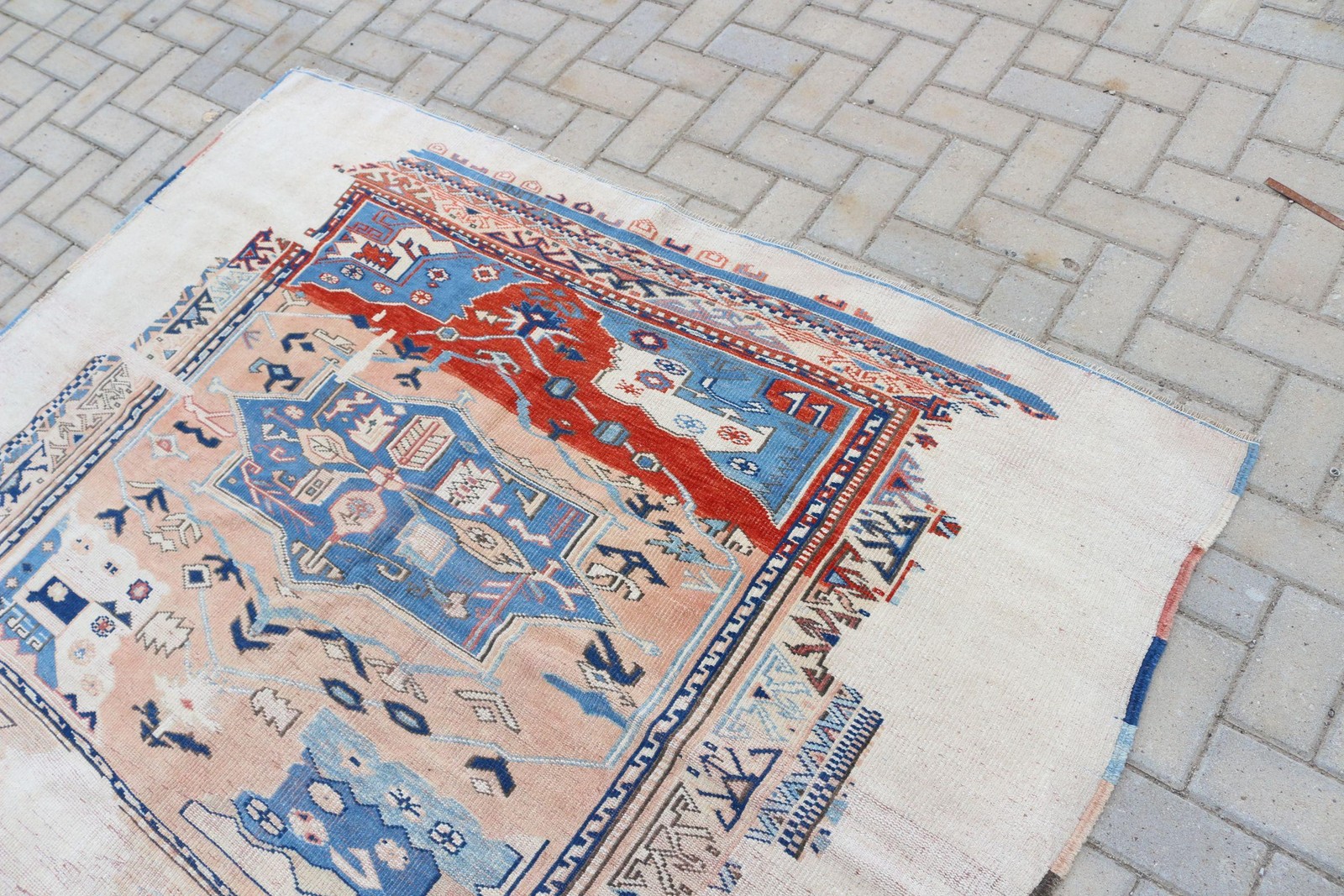 6,2×4,9 ft Rug, Turkish Vintage Rug, Blue Red Polka dot Wool Rug