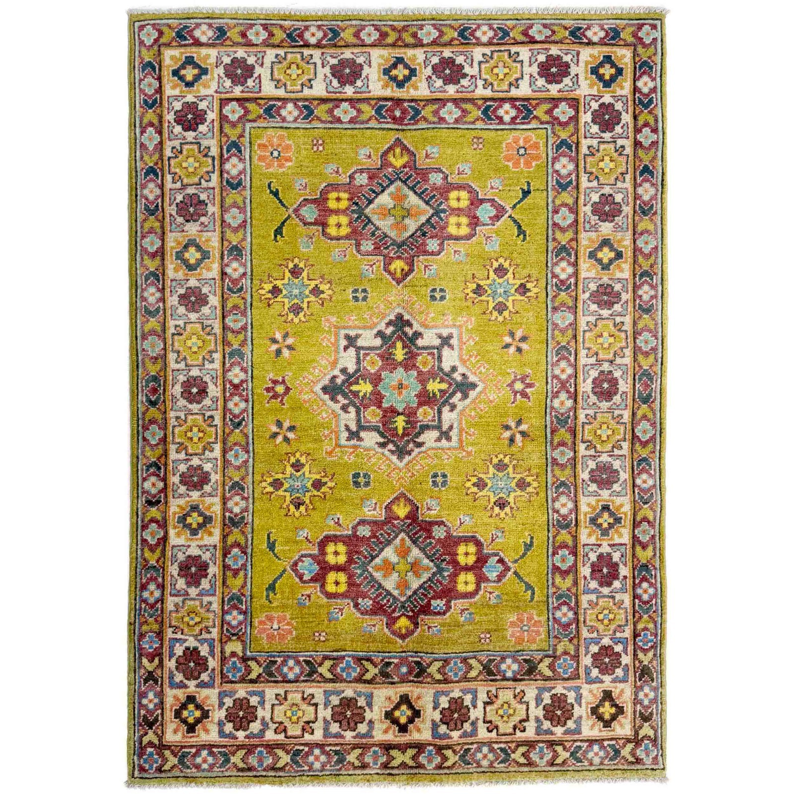 Handmade Olive Green Kazak Rug, 3’5″x4’10” Ft Tribal Oriental Area Carpet R37736